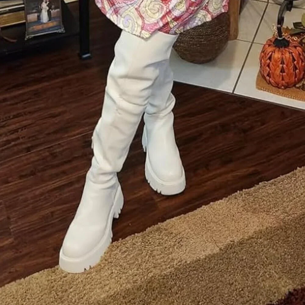 🆕Women's White-pu Faux Leather Over The Knee Lug Sole Round Toe Thigh High Boot